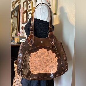 Vintage boho Brown leather tooled handbag with floral design